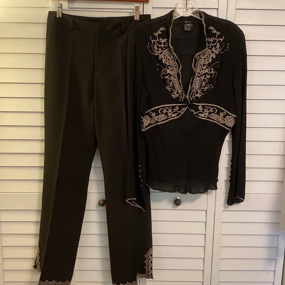 E by ECI size 10 (8)blouse and size 8 pants.  Dress outfit in black silk w/beige